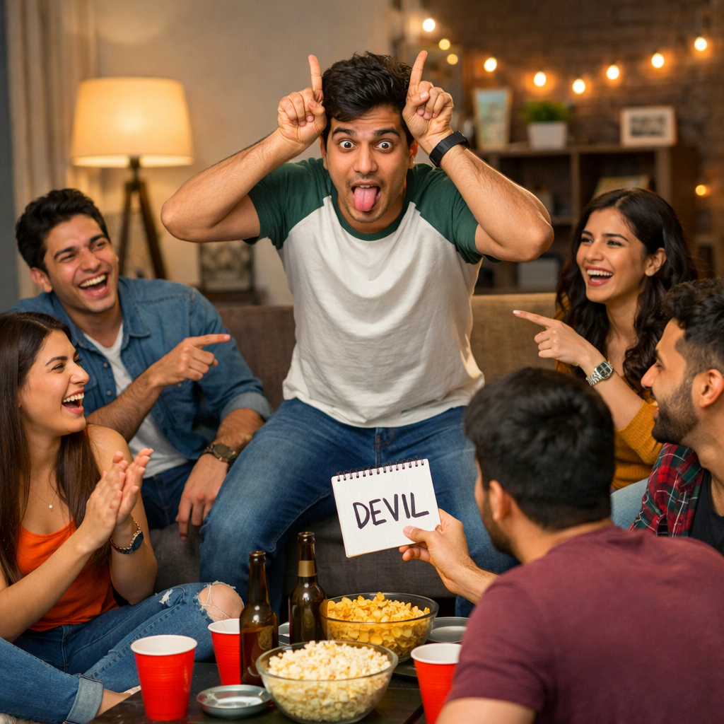 Friends playing dumb charades at home